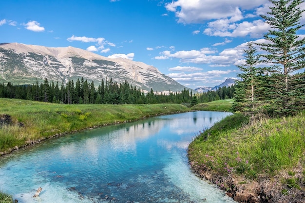 Una hermosa foto del río en Canmore, Alberta, con las montañas rocosas al fondo.