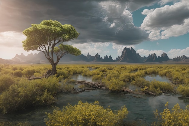 una hermosa foto de un río con una hierba verde y un árbol al fondo una hermosa foto de un río