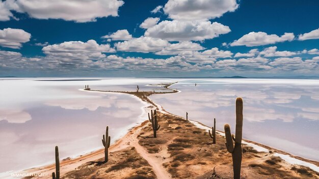 Una hermosa foto de la salina bajo un cielo azul brillante en la isla de Incahuasi, Bolivia