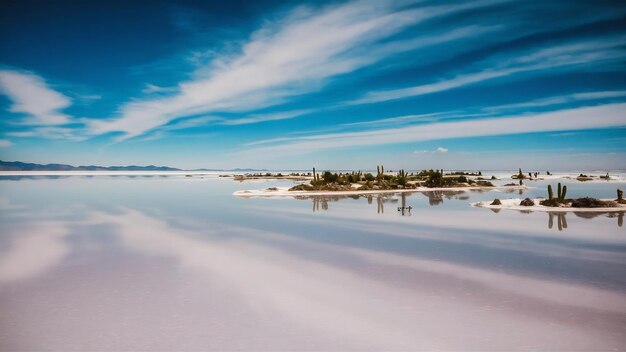 Foto una hermosa foto de la salina bajo un cielo azul brillante en la isla de incahuasi, bolivia