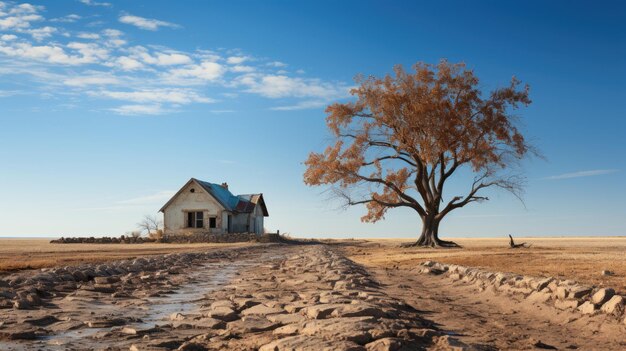 Hermosa foto de una vieja casa abandonada en medio de un desierto cerca de un árbol muerto sin hojas