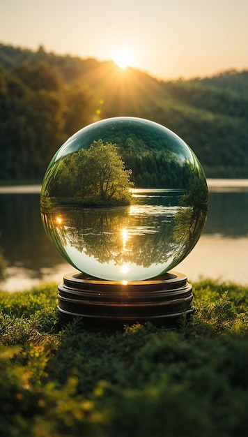 Una hermosa fotografía de bola de lente de cristal creativa de vegetación y un lago al atardecer Foto de Ai