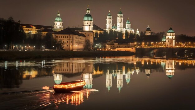 Foto una hermosa fotografía de la histórica ciudad de salzburgo reflejándose en el río durante la noche