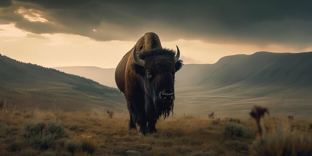 Una hermosa fotografía de un majestuoso bisonte en la montaña.