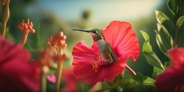 Una hermosa fotografía de un majestuoso colibrí alimentándose de una flor de hibisco