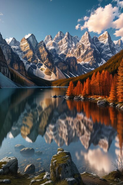 Hermosa fotografía de paisaje fondo de papel de pared picos lago cañón cielo nubes blancas