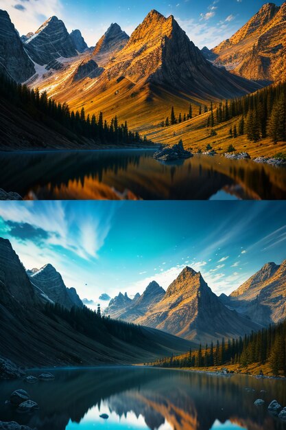 Hermosa fotografía de paisaje fondo de papel de pared picos lago cañón cielo nubes blancas