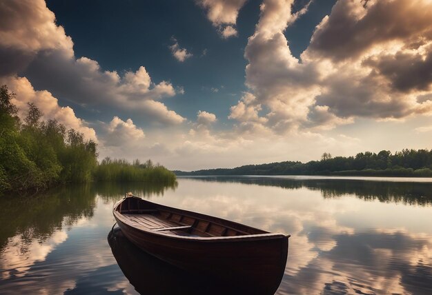 Una hermosa fotografía de un pequeño lago con un bote de remos de madera