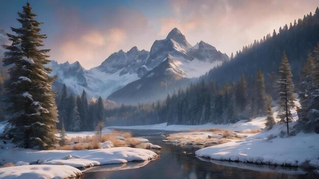 Una hermosa fotografía de una zona montañosa cubierta de nieve y rodeada de bosques