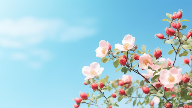 hermosa frontera de primavera floreciendo arbusto de rosas en un fondo de cielo azul