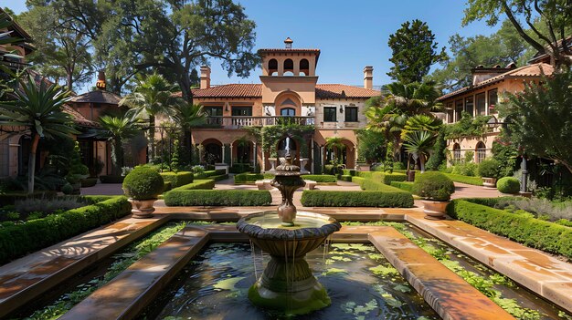 Una hermosa fuente se encuentra en el centro de un patio rodeado de exuberante vegetación y arquitectura elegante