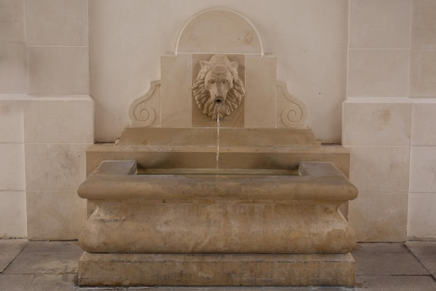 Hermosa fuente de piedra antigua con cabeza de león