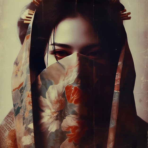 Hermosa geisha en kimono sin máscara facial