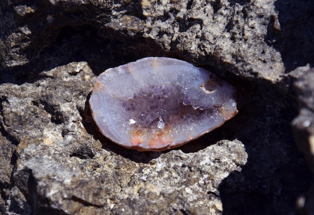 Una hermosa geoda de amatista yace sobre piedras mojadas en la orilla del mar Cristales de piedras semipreciosas moradas al sol