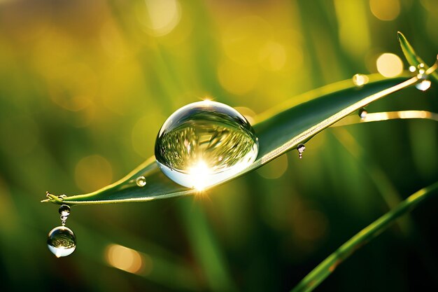 Foto hermosa gota de agua brilla sobre una brizna de hierba