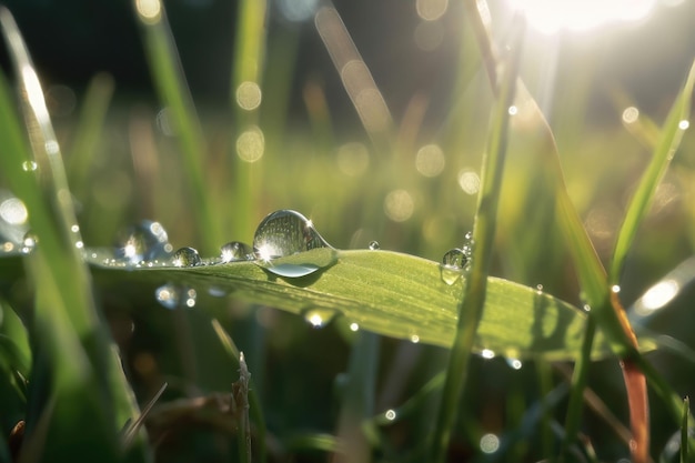 Una hermosa gota grande de rocío matutino en la hierba brilla en los rayos de sol generados por IA