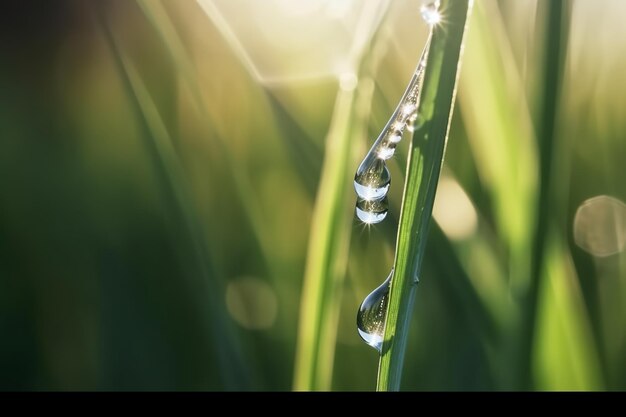 Foto una hermosa gota de rocío matutino en la hierba brilla en los rayos del sol al aire libre