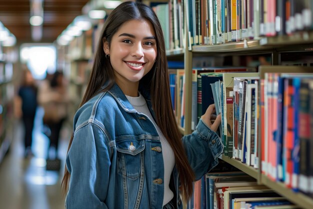 Foto una hermosa y graciosa estudiante adolescente hispana posando junto a las estanterías de la biblioteca escolar una estudiante del sur brillante toma un libro de la estantería de lectura de libros estudiantes en el fondo