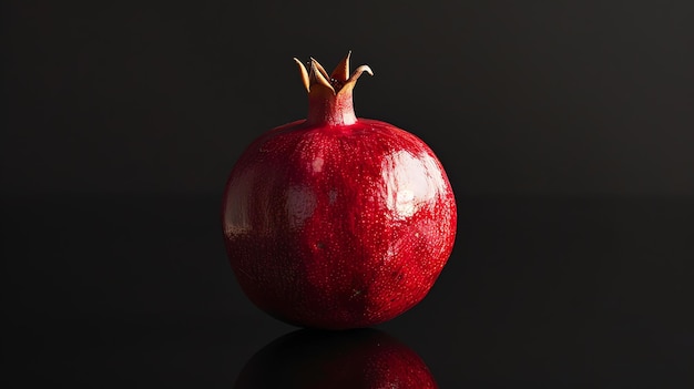 Foto una hermosa granada roja redonda se sienta en una superficie reflectante contra un fondo negro la fruta está perfectamente madura y lista para ser comida
