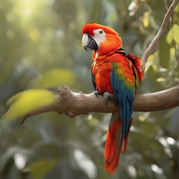 Foto hermosa guacamaya roja timando el sol en un rbol de un bosque tropical ai