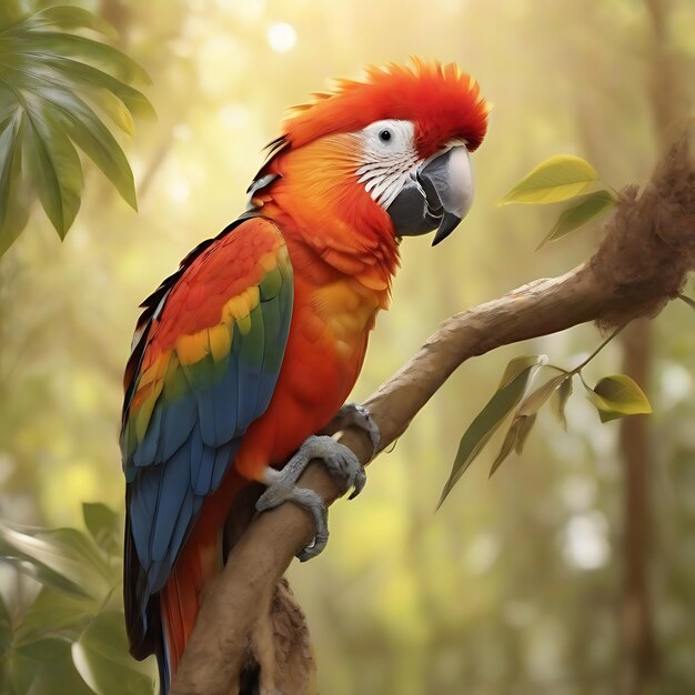 hermosa guacamaya roja timando el sol en un rbol de un bosque tropical AI