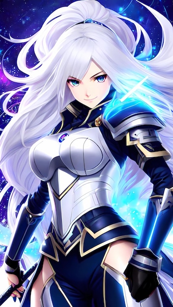 Hermosa guerrera de anime en armadura Ilustración de dibujos animados