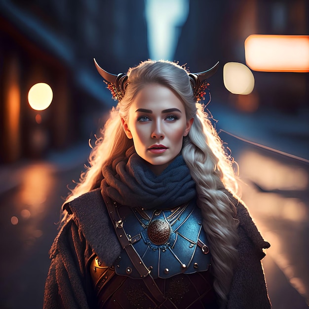 Hermosa guerrera vikinga en el arte generativo de la luz nocturna de la calle de AI