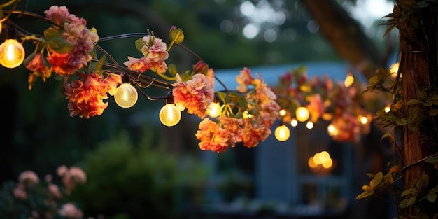 Hermosa guirnalda de la calle del jardín en primer plano de flores por la noche AI generativa