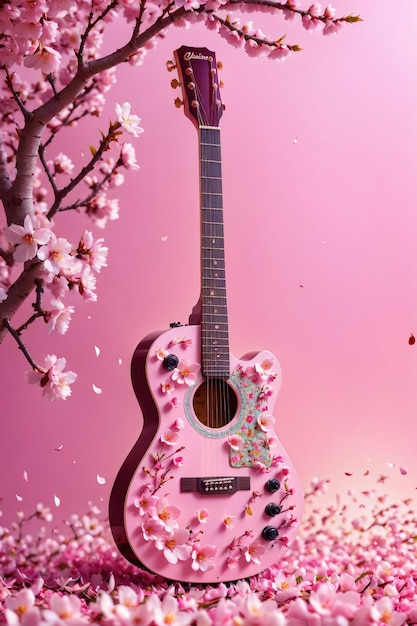 Foto una hermosa guitarra adornada con flores sakura en este impresionante perfecto para la música o relacionadas con las flores