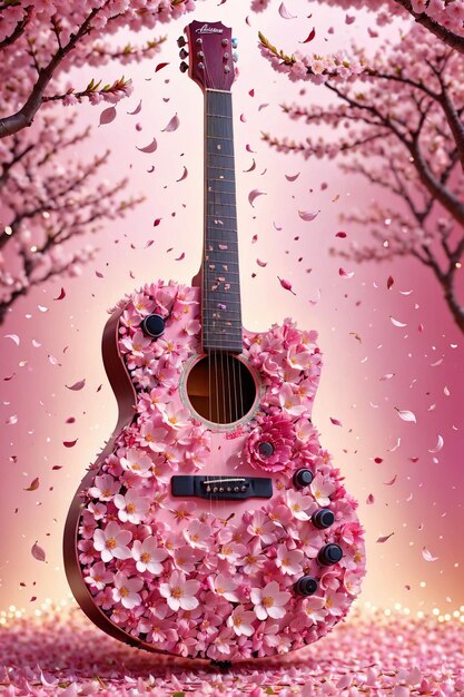 Foto una hermosa guitarra adornada con flores sakura en este impresionante perfecto para la música o relacionadas con las flores