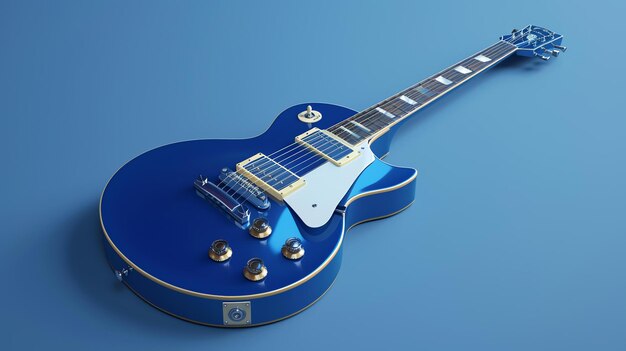 Una hermosa guitarra eléctrica azul sobre un fondo azul La guitarra está en foco y se ve muy realista