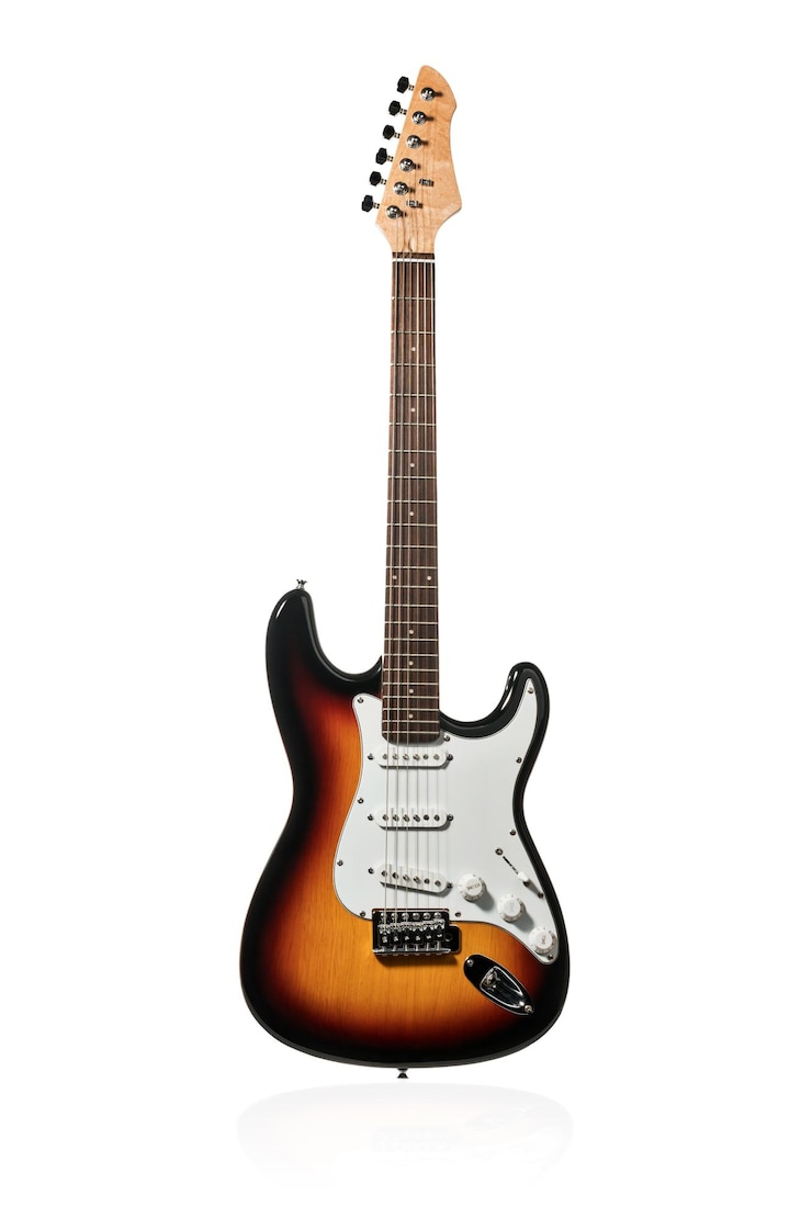 Foto hermosa guitarra eléctrica de color marrón de pie aislado sobre un fondo blanco.
