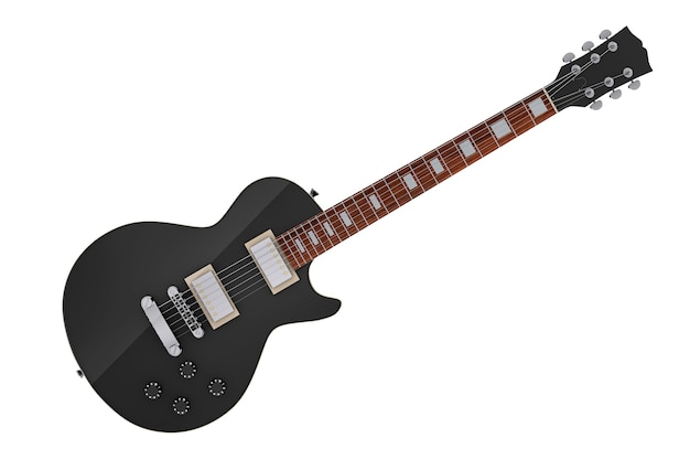Hermosa guitarra eléctrica negra en estilo retro sobre un fondo blanco. Representación 3D
