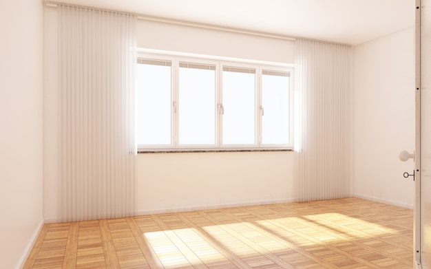 Hermosa habitación blanca y luminosa con luz del sol que pasa a través, decorada con blanco limpio