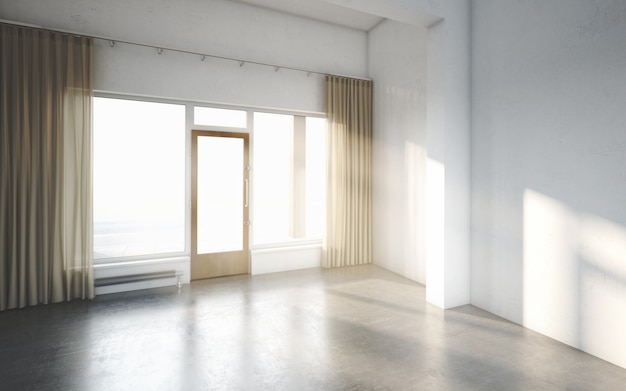 Hermosa habitación blanca y luminosa con luz del sol que pasa a través