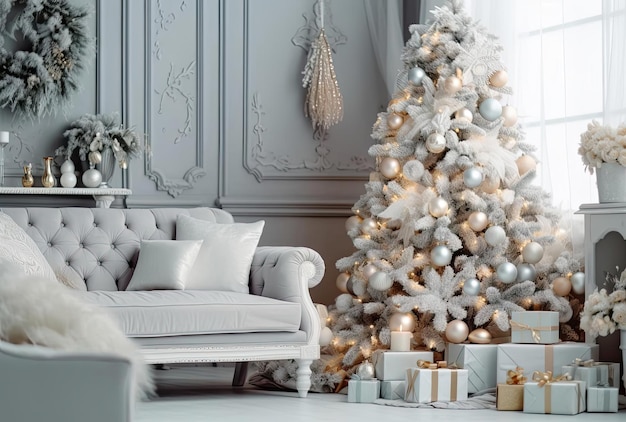 Hermosa habitación decorada de vacaciones con árbol de Navidad y presenta decoraciones de Año Nuevo