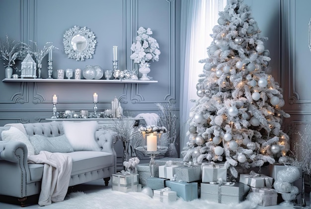 Hermosa habitación decorada de vacaciones con árbol de Navidad y regalos