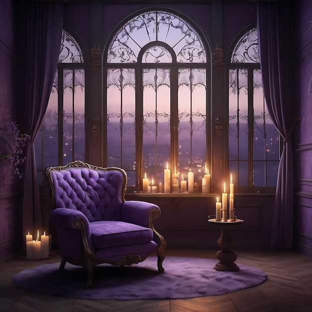 Foto hermosa habitación europea de tono violeta con enormes ventanas una silla vintage en primer plano