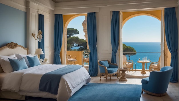 Hermosa habitación de hotel con vista al mar