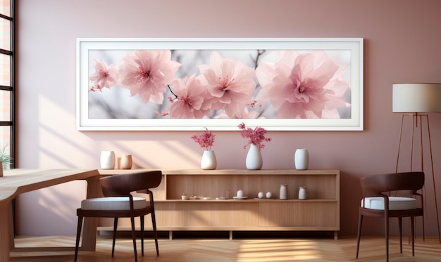 Foto hermosa habitación interior minimalista con imagen en la pared con hermosas flores interior rosa