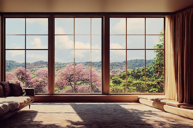 Foto hermosa habitación luminosa con ventanas panorámicas con vistas a un jardín floreciente un sofá en color marrón ilustración 3d