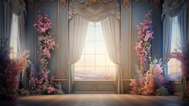 hermosa habitación de pared rococó extravagante con cortinas de ventana imagen de fondo de flores florales