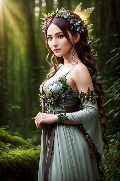 Hermosa habitante del bosque mítico personaje de cuentos de hadas y fantasía ninfa hada náyade AI generativa