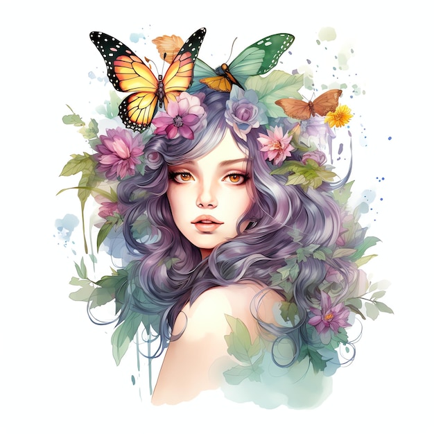 hermosa hada con coronas de flores acuarela fantasía cuento de hadas clipart ilustración