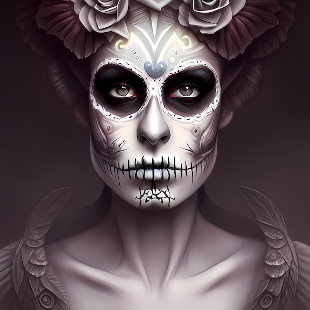 Hermosa hada con maquillaje de dia de muertos para halloween y fiesta de truco o trato