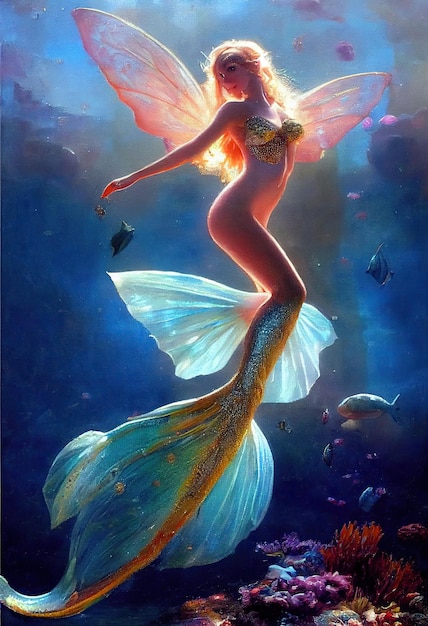 Hermosa hada sirena bajo el océano Imagen generada por IA