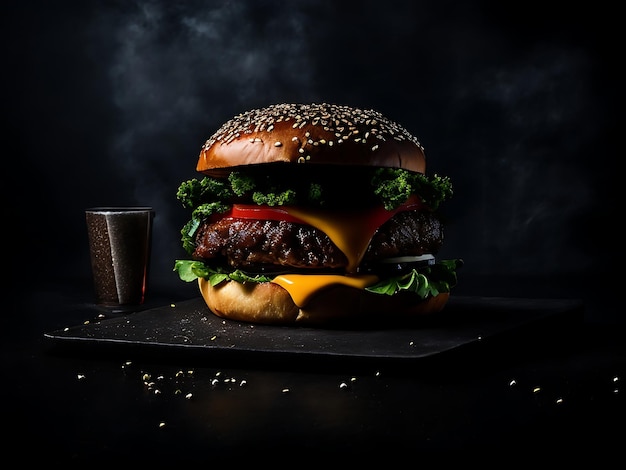 Hermosa hamburguesa en una superficie oscura