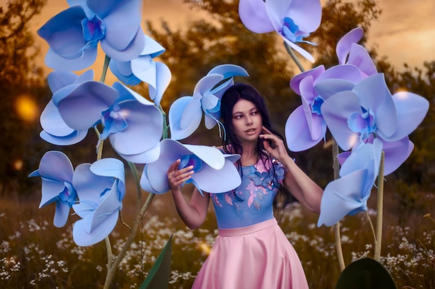 Hermosa hembra con orquídea de papel grande