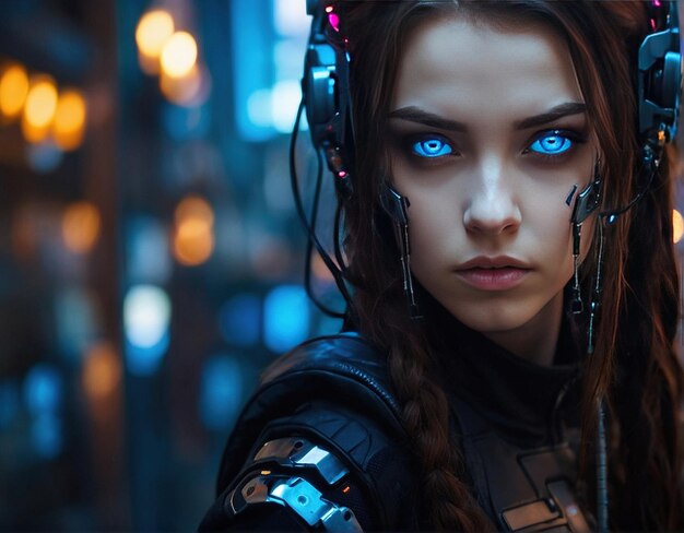Una hermosa hembra robot con ojos azules