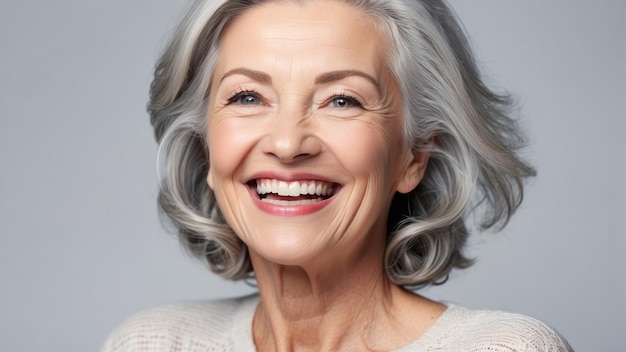 hermosa hermosa de 50 años de edad media hermosa anciana modelo de alto nivel mujer con cabello gris riendo y sonriendo